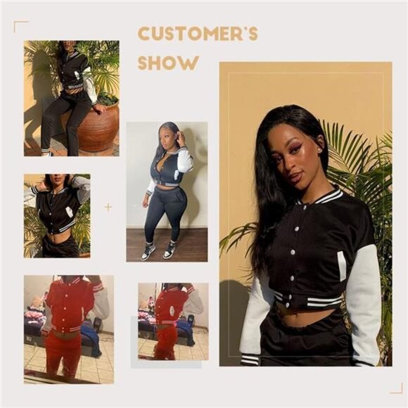 Women Varsity Sweatsuit Button Down 2 Piece Outfit Slim Tracksuit Set - Picture 5 of 6